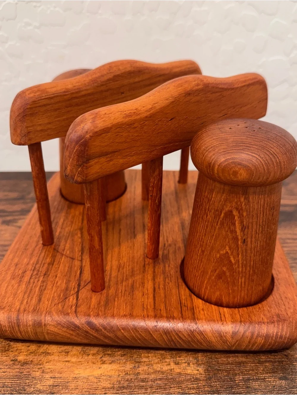 Goodwood Genuine Teak Wood Salt & Pepper Shakers with Napkin Holder Mid Century